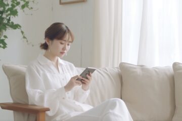 リビングでスマホを使うママ