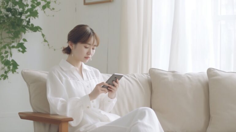 リビングでスマホを使うママ